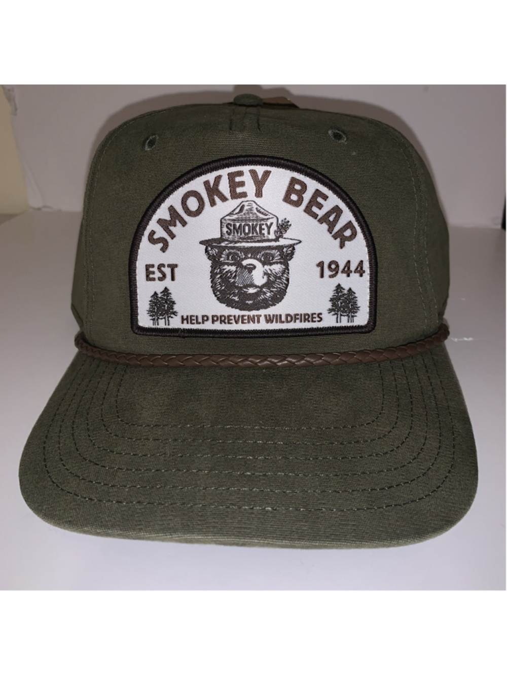 Smokey Bear Trucker Hat Olive Green Rope Snapback Forest Service Patch Cap NEW